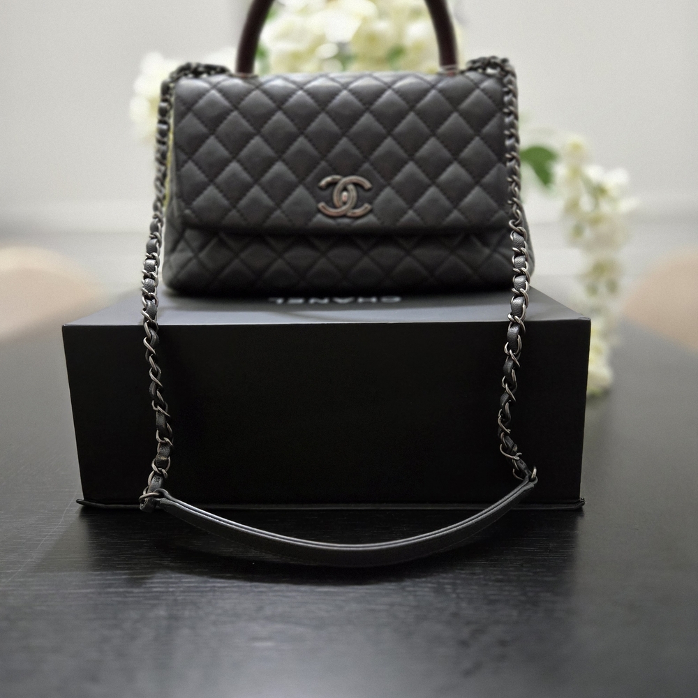 Chanel Coco Caviar Leather Quilted With Lizard Handle Gray Shoulder Bag Medium - Picture 7 of 12